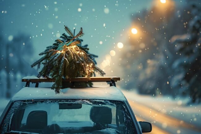Auto transportiert Weihnachtsbaum auf dem Dach